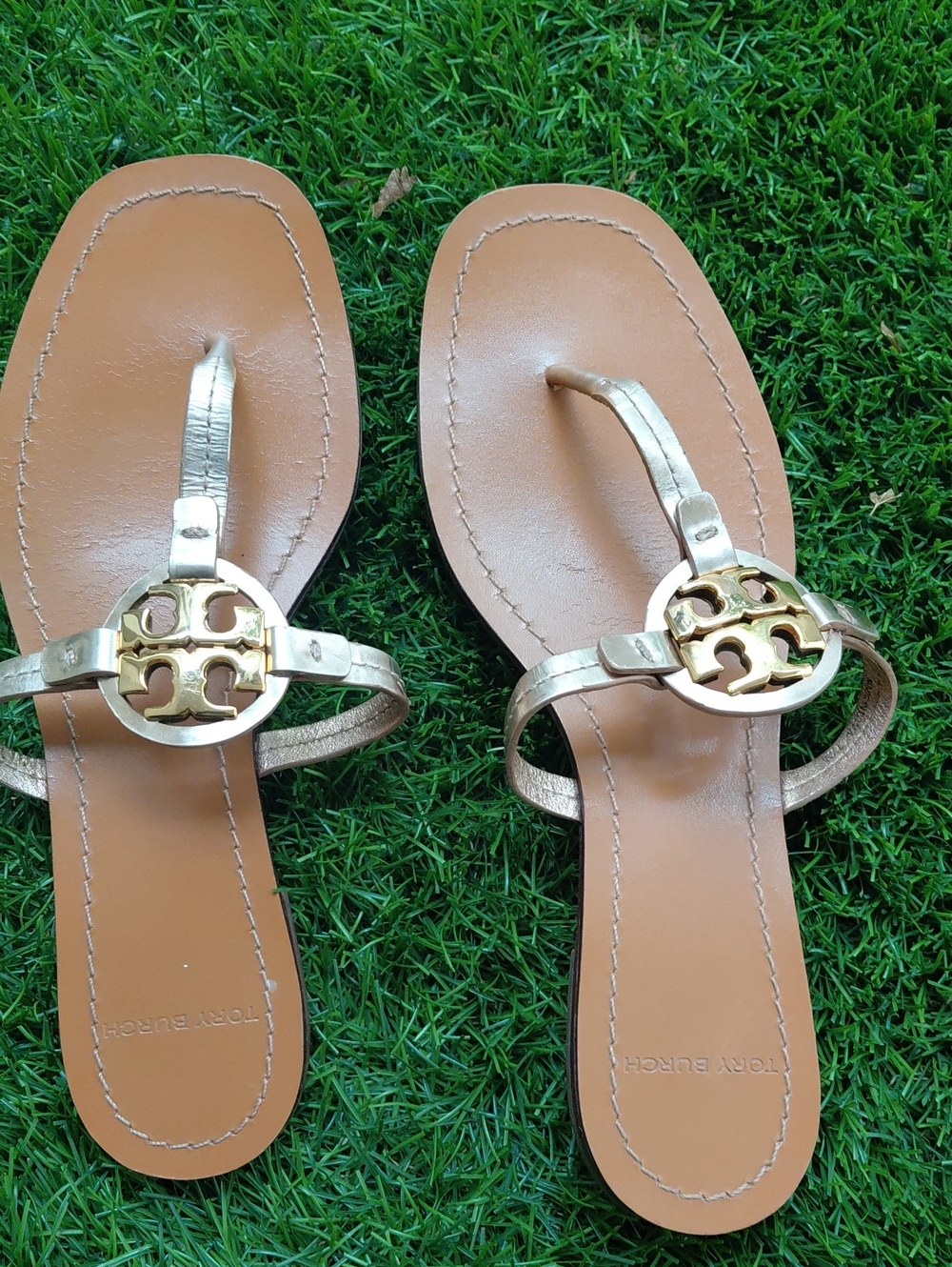Tory Burch Tan Leather Sandals with Gold Logo Medallion